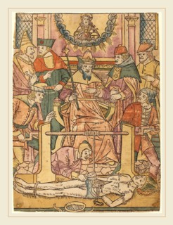 French 15th Century, The Martyrdom of Saint Erasmus, 1480-1490, woodcut, hand-colored in light