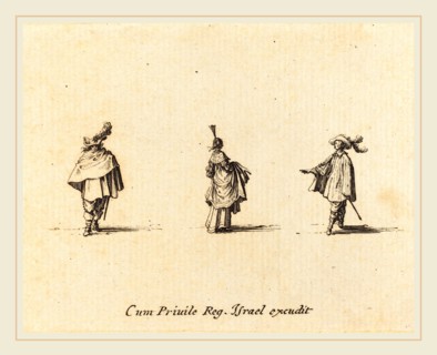 Jacques Callot, French (1592-1635), Lady with Dress Gathered Up, and Two Gentlemen, probably 1634,