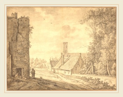 Herman Saftleven, Dutch (1609-1685), Village with Figures in an Extensive Landscape, c. 1648, black