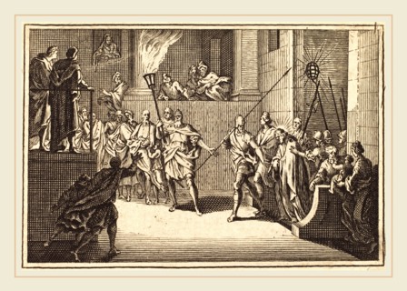after Sébastien Le Clerc I, Christ before Annas, engraving