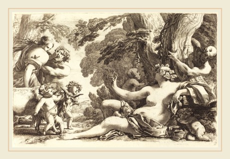 Michel Dorigny, French (1617-1665), Seated Bacchante with Children, 1650s, etching with engraving