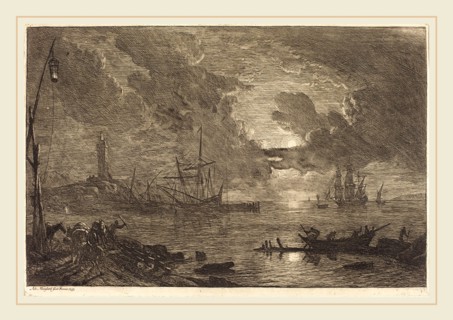 Adrien Manglard, French (1695-1760), Harbor by Moonlight, 1753, etching and engraving in black with