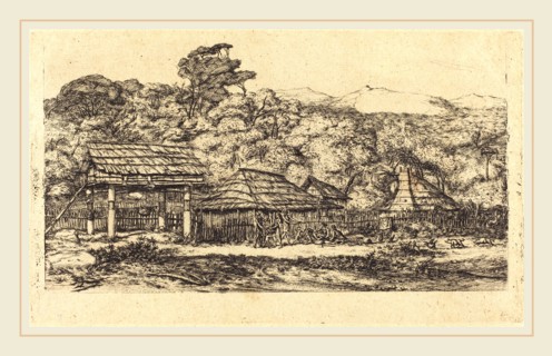 Charles Meryon, French (1821-1868), Greniers indigÃ¨nes et habitations Ã  Akaroa, presqu'Ile de