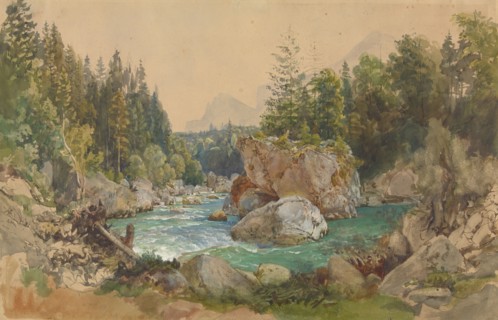 Wooded River Landscape in the Alps