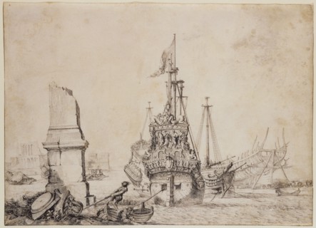 A ship in a port near a ruined obelisk