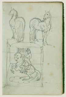 Two standing horses, Man riding a rearing horse