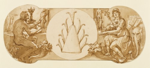 Allegories of Study and Intelligence Flanking the Zuccaro Emblem