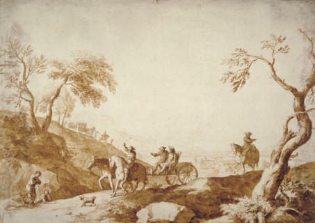 Landscape with Travellers, Two Riding in a Carriage Driven by a