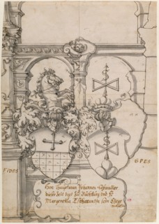 Stained Glass Design with Two Coats of Arms (recto),  Study of a