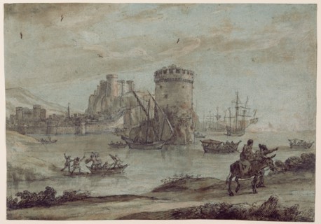 Figures in a Landscape before a Harbor