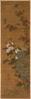Flowers and Rocks, 1368- 1644. China, Ming dynasty (1368-1644). Hanging scroll, color on silk;