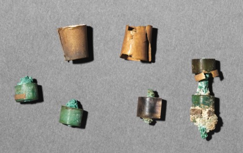 Fragments of an Amuletic Cylinder, 2040-1648 BC. Egypt, Middle Kingdom. Gold, feldspar, and rock