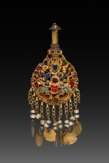 Earring with Vishnu Riding Garuda, 1600s. Nepal, Kathmandu Valley. Gold set with jewels and