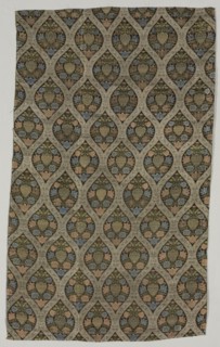 Lampas fragment with blossoms in ogival lattice, 1600s. Iran, Safavid Period. Lampas: silk and