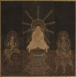 Shaka attended by Fugen and Monju, 1185-1333. Japan, Kamakura period. Hanging scroll; ink and color