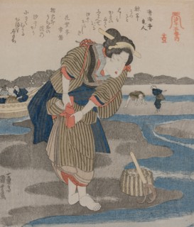 Woman Fastening her Skirts; from the series Five Pictures of Low Tide, late 1820s. Utagawa