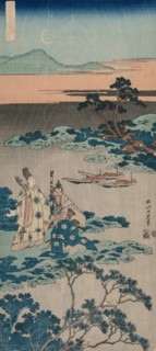 The Minister Toru Daijin Standing by a Lake Beneath a Crescent Moon, from the series A True Mirror