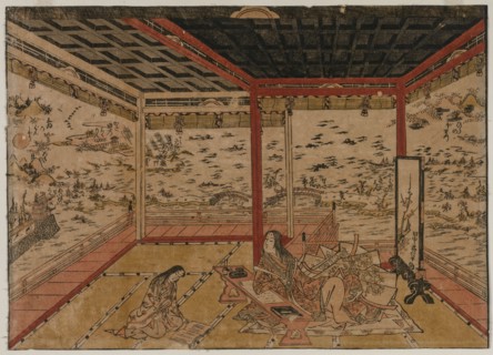 Lady Murasaki at Ishiyama Overlooking a Panorama with Seven Views of Lake Biwa, 1740s. Okumura