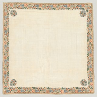 Embroidered head scarf, 1800s. Turkey. Plain weave: linen; embroidery, double-running stitch: silk,