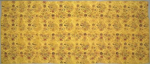 Wall cover with flora, peacocks, and portrait medallions, 1800s. Iran, Qajar period. Taffeta,