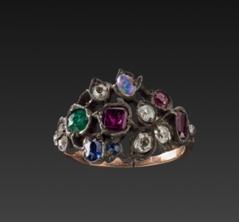 Ring, 1700s. Italy or France, 18th century. Gold band, silver setting with rubies, diamonds, opal,