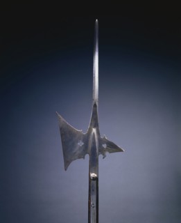 Halberd, c. 1520. Germany, 16th century. Steel, pierced quatrefoil; rectangular wood haft with