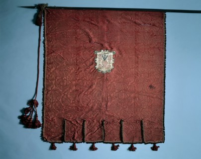 Banner with Medallions of Christ's Passion, 18th century. Spain, 18th century. Crimson silk