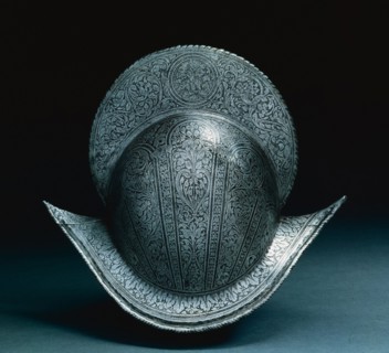Morion, c. 1575-1600. North Italy, late 16th Century. Steel with etched floral motif and medallion