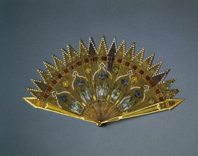 Brise Fan:  Gothic Revival Style, c. 1830. England (probably), 19th century. Gilt metal, enamel,