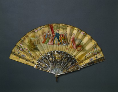 Fan, c. 1840. France (?). Carved and gilded pearl sticks, gouache on silk leaf; radius: 25.7 cm (10