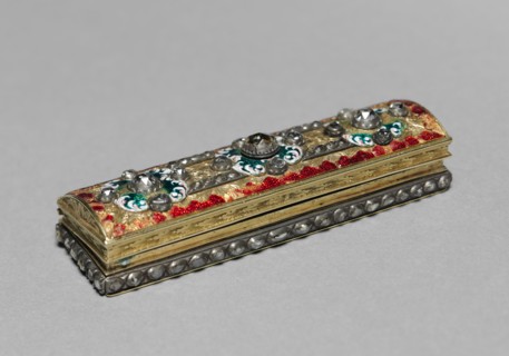 Box, 1800s ?. France, 19th century. Gilt metal, enamel, brilliants; overall: 8.3 x 2.6 x 2 cm (3