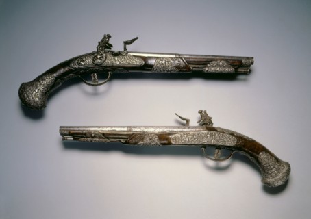 Pair of Flintlock Pistols, c. 1670. Italy, Brescia, 17th century. Steel, chiseled decoration with