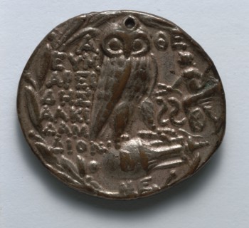 Tetradrachm: Owl Standing (reverse), 150-100 BC. Greece, 2nd century BC. Silver; diameter: 2.2 cm