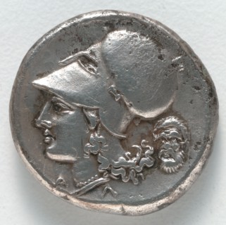 Stater:  Athena (reverse), 350-338 BC. Greece, Corinth, 4th century BC. Silver; diameter: 2.2 cm