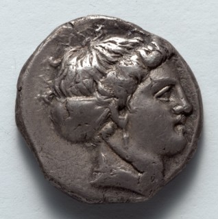Stater: Head of Koré (obverse), 375-340 BC. Greece, Metapontum, 4th century BC. Silver; diameter: 2