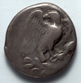Stater: Eagle with Spread Wings on Olive Branch  (obverse), 471-421 BC. Greece, Elis for Olympic