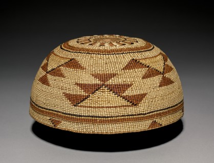 Hat, c  1875-1917. California, late 19th- early 20th century. Plain-twined hazel with decoration in