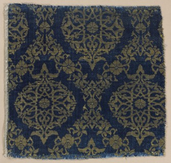 Lampas with foliate medallions in ogival lattice, 1400s. Egypt. Lampas: silk; overall: 21.6 x 22.3