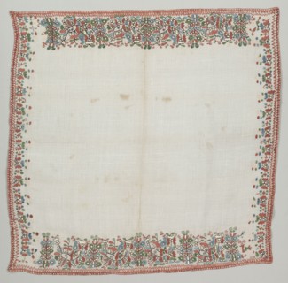 Headcloth, 1800's. Albania, 19th century. Linen, embroidered with silk; overall: 104.2 x 101.7 cm