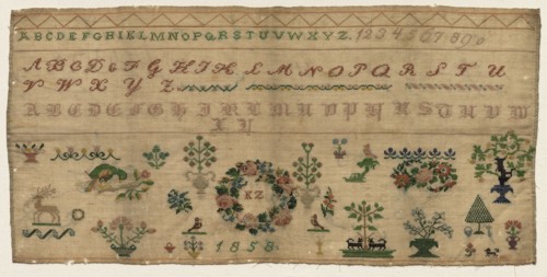Sampler, 1858. Celia Kestenbaum Grossman (Austrian). Embroidery: linen; overall: 31.8 x 65.4 cm (12
