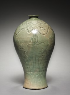 Vase with Inlaid Lotus and Reed Design, 918-1392. Korea, Goryeo period (918-1392). Celadon ware