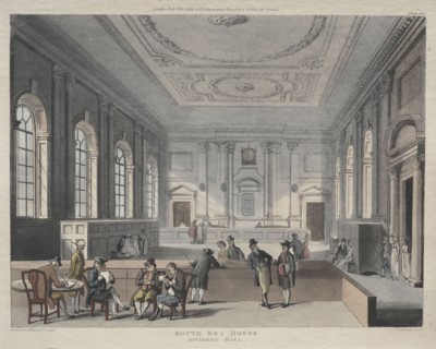 South Sea House, Dividend Hall, 1810. Thomas Rowlandson (British, 1756-1827), and Augustus Charles