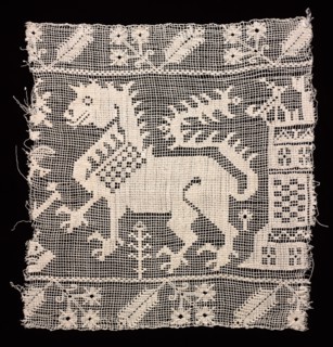 Fragment of a Band with Dragon, Castle, and Vegetation, 1500s. Italy, 16th century. Needle lace,