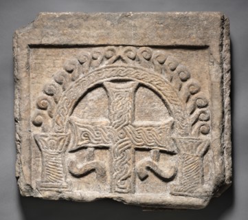 Relief Panel from the End of a Sarcophagus:  A Cross Within an Arch, 700s-800s. Lombardic, Italy,