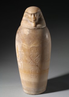Canopic Jar with Man's Head, 664-525 BC. Egypt, Late Period, Dynasty 26. Travertine; diameter: 16.6