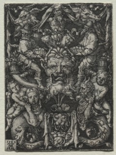 Ornament Design with a Mask, A Couple of Tritons, and Two Children Below, 1549. Heinrich Aldegrever