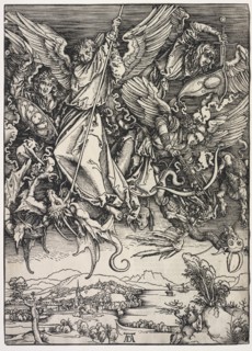 Revelation of St. John: St. Michael fighting the Dragon, 1511. Albrecht Dürer (German, 1471-1528).