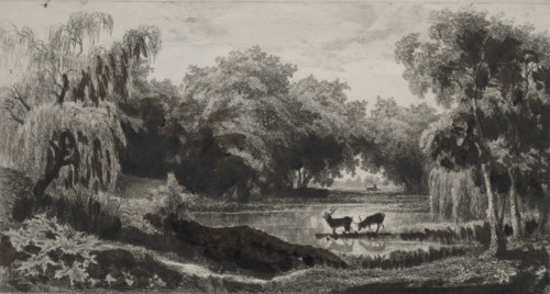 The Pool with Stags, 1845. Charles François Daubigny (French, 1817-1878). Etching, hand colored