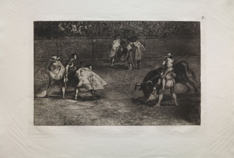 Bullfights:  A Bullfighter Mounted on the Shoulders of an Assistant, Spearing a Bull, 1876.