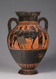 Amphora, 500s BC. Greece, 6th Century  BC. Black-figure terracotta; overall: 40.6 cm (16 in.).